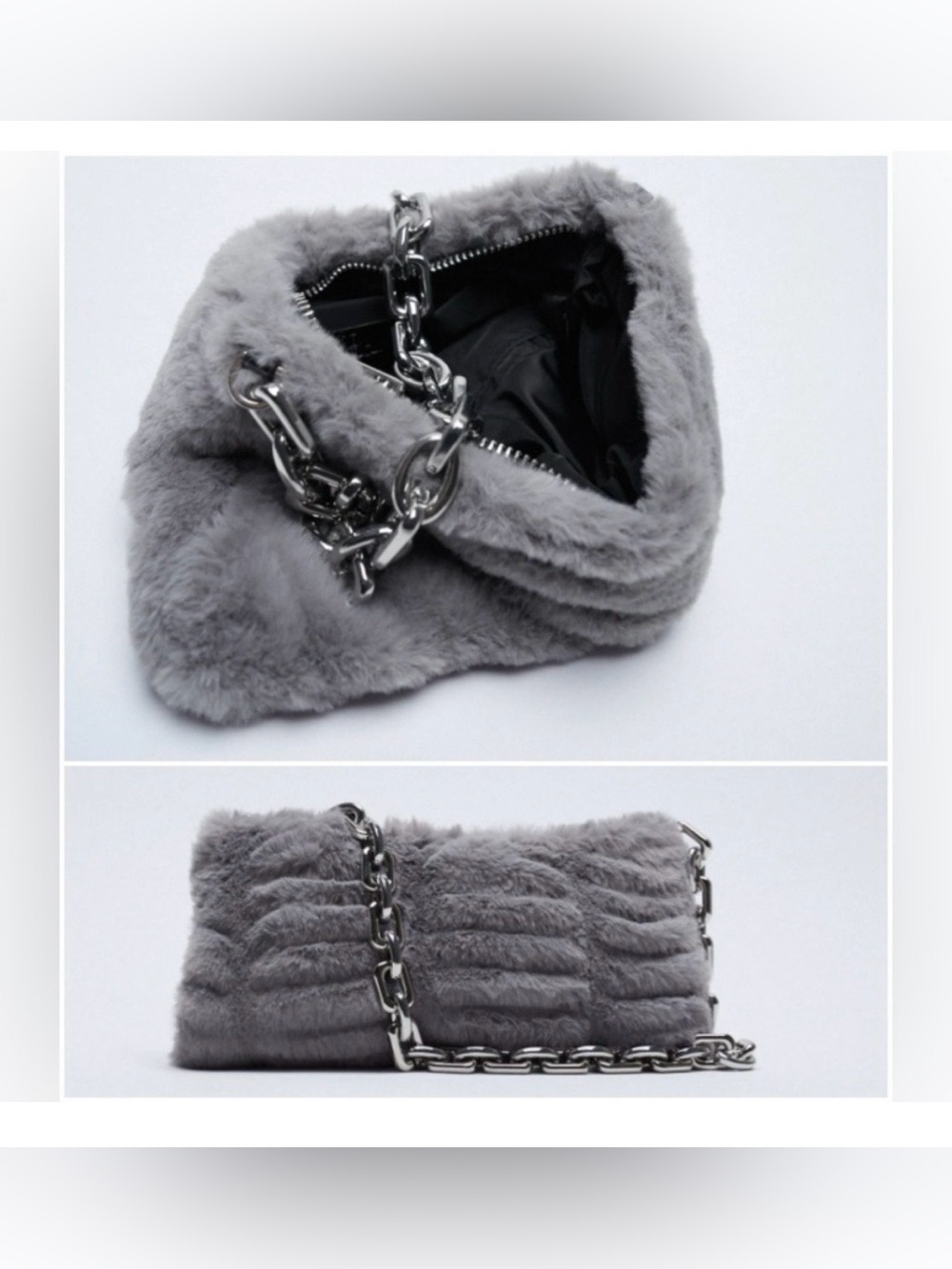 Zara Grey Faux Fur Shoulder Bag with Silver Chain